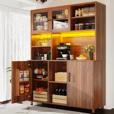 Immagine prodotto di Armadietti alti Sweiko per il soggiorno (120×40×185 cm), mobile da cucina, mobile da sala da pranzo con cassetti, armadietti con illuminazione a LED, anta del mobile con ripiano snack, stile retrò, colore noce