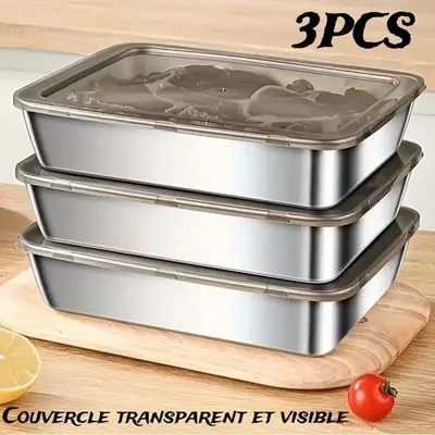 Image de Boîtes de conservation en acier inoxydable, lot réutilisable de 3 pièces, idéal pour la viande et les légumes.