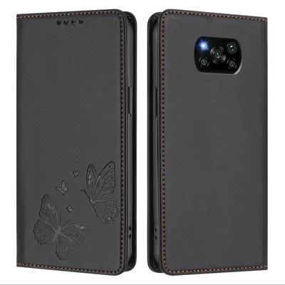 Produktbild von Lederhülle für Xiaomi Poco X3/Poco X3 NFC/Poco X3 Pro, Schmetterling Prägung Leder Brieftasche Schutzhülle mit Ständer Schwarz