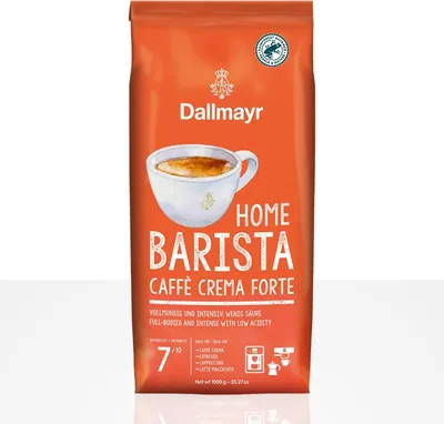 A bag of Dallmayr Home Barista Caffè Crema Forte coffee beans.