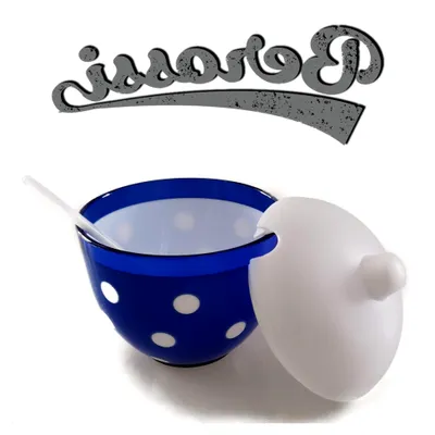 Produktbild von Zuckerdose mit Löffel, auch als Salzdose verwendbar im Retro-Stil | Zuckerdose mit Kunststoffdeckel | Erweiterbare Marmeladendose im Set, gepunktet blau