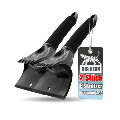 Two black ice scrapers are shown diagonally against a white background, with a product tag attached to one of them.