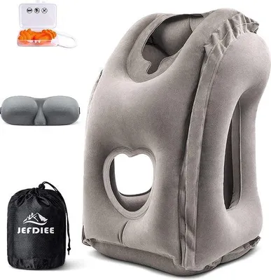 Image de Coussin gonflable pour le cou Unyqoos® – ergonomique, inclinable à 45° pour soutenir la tête et le menton, en PVC texturé, avec valve 2-en-1, masque de sommeil 3D, bouchons d'oreille et sac de transport (gris)