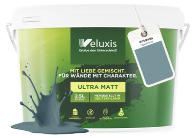 Produktbild von Wandfarbe Blau Grau Petrol Matt Innenfarbe – Deckkraft Klasse 1, VOC-frei, Ohne Grundierung, Tropfarm – Wohnzimmer & Schlafzimmer – 2,5L – Veluxis (Typical Trout)