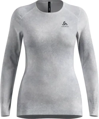 Hellgraues Langarmshirt mit Rundhalsausschnitt und Odlo-Logo auf der Brust