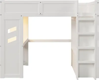 Produktbild von Hochbett 140x200 cm Gaming Bett mit Schreibtisch LED Leuchten USB Typ C Anschluesse Leiter Schublade Waeschestaender ohne Matratze Weiss Kinderzimmer