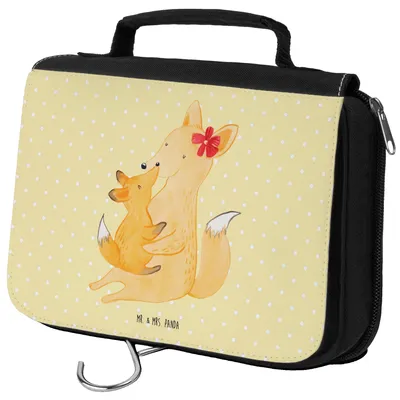 Produktbild von Mr. & Mrs. Panda Kosmetiktasche Fuchs Mama - Gelb Pastell - Geschenk, Kulturtasche, Mutter, Necessaire, Schoß, duschbeutel, Make-Up Tasche, Muttertag, kulturtäschchen