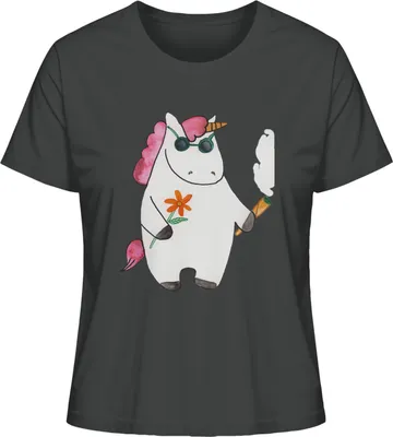 Produktbild von Mr. & Mrs. Panda Oberteil Damen Einhorn Woodstock Größe S - Anthrazit - Geschenk, Einhörner, Basic Shirt, Mit Spruch, Unicorn, Alkohol, T-Shirt Kurzarm, Party, Kiffen