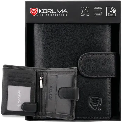 A black leather wallet is displayed in its packaging, with an open view of its interior compartments.