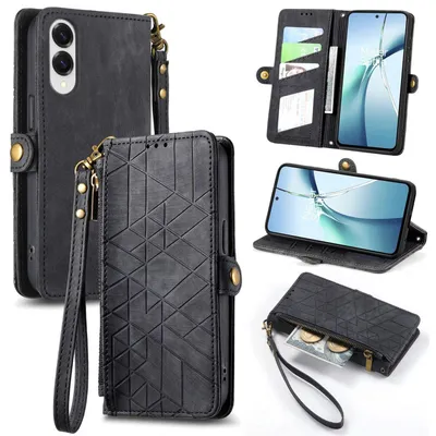 Obrázek produktu pro Pouzdro typu book wallet s zipem a poutkem pro Samsung Galaxy S25 Edge 5G, z umělé kůže, geometrický vzor, černé