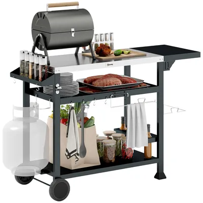 Produktbild von Outsunny Grillwagen Grilltisch mit klappbarem Tisch, Servierwagen mit 3 Etagen