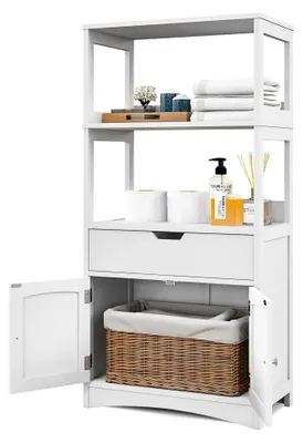 Produktbild von Freistehender Badezimmerschrank mit 2 Türen, 3 offenen Regalen und Schublade, moderner Mehrzweckschrank für Bad, Küche und Wohnzimmer (Weiß)