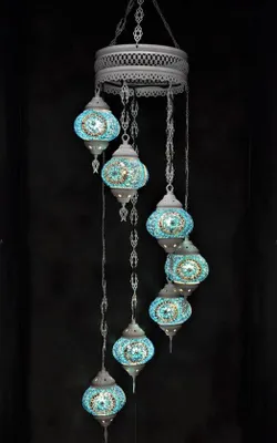 Produktbild von Hanglamp aus blauem Mosaikglas, handgefertigte orientalische Kronleuchter mit 7 Kugeln, cremeweiß