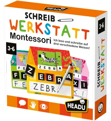 Montessori Lernspiel „Schreibwerkstatt“ von HEADU für Kinder von 3 bis 6 Jahren zum Lesen, Schreiben und Buchstabenlernen.