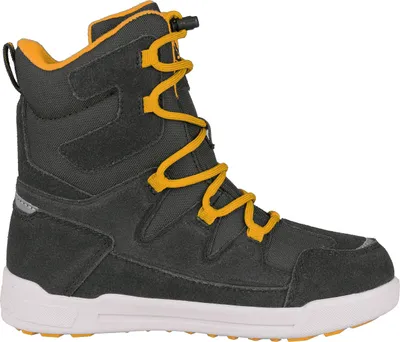 A single gray and yellow winter boot is shown against a white background.