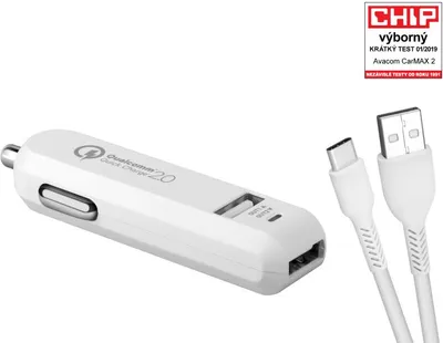 Produktbild von AVACOM CARMAX 2 AUTOMOBILINIS KROVIMAS 2X QUALCOMM QUICK CHARGE 2.0, Baltas (USB-C KABELIS)