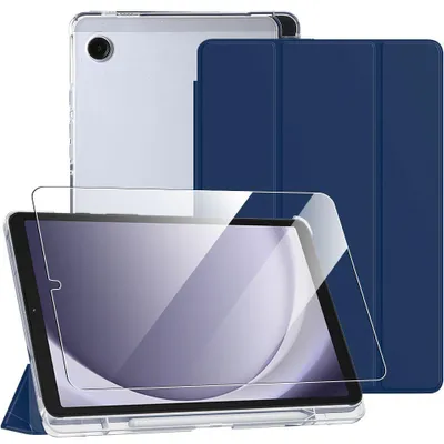 Image de Coque + Verre Trempé pour Samsung Galaxy Tab A9 (8,7 Pouces) avec Porte-Stylet, Protection Renforcé - Bleu Marine