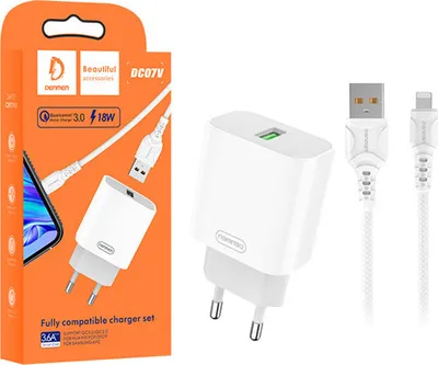 Zdjęcie produktu dla Ładowarka Sieciowa 3,6A 18W Biała Denmen + Kabel Iphone 3600Ma Fast Charging Dc07L