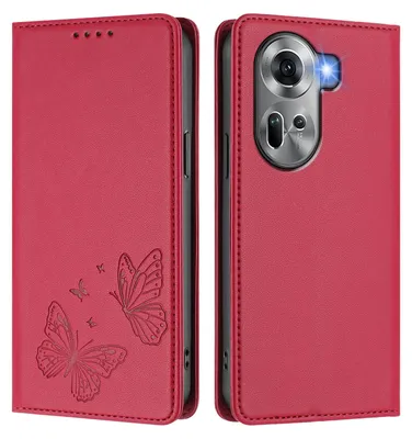 Image de Étui en cuir pour Oppo Reno11 5G, motif papillon, étui à rabat avec porte-appareil, rouge