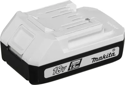 A white and black Makita 18V 1.5Ah Li-Ion battery pack is shown from a slightly elevated side angle against a white background.