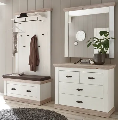Produktbild von Garderobenkombination "Rovola" Pinie weiß / Oslo Pinie Landhaus Garderobe Set 4-tlg.