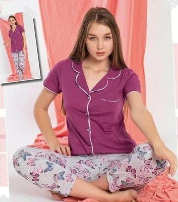 Produktbild von Damen Pyjama Schlafanzug Lila L Kurz Viskose mit Knöpfen 2 Teiler S-91
