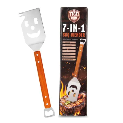 Produktbild von THO BBQ 7-in-1 Grillspachtel Edelstahl mit Holzgriff–Grillwender mit Flaschenöffner, Schaberkante & Wellenschliff–Grill Zubehör –Multifunktion Grill
