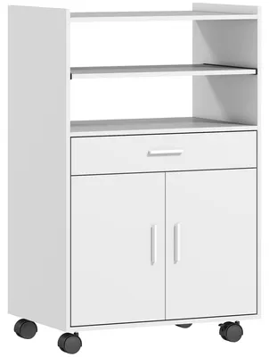 Obrázek produktu pro Bílá mikrovlnná trouba s dvojitými dvířky, zásuvkou a kolečky | Barva: bílá | Rozměry: 59 x 40 x 92 cm