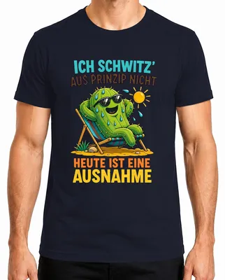 Imagen del producto de "Ich schwitze aus Prinzip" es una camiseta sarcástica para hombre, de color azul marino, talla M