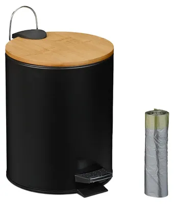 Imagen del producto de Contenedor de pedales de 5 litros con sistema de cierre suave - Cubo interior - Bambú - Metal - Para baño - Incluye bolsas de basura - Color