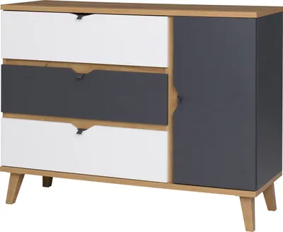 Produktbild von RAVIO Kommode Aster K1D3SZ Sideboard für Jugendzimmer Metallgriffe Breite 120 cm (Goldene Eiche / Graphit + Weiß)