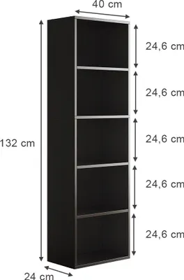 A diagram of a black bookshelf with dimensions indicated.