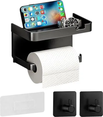 Immagine prodotto di Portarotolo senza fori, portarotolo autoadesivo con 2 ganci, per bagno e cucina (nero)