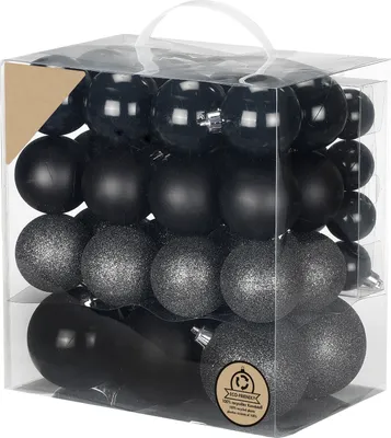 Produktbild von Set mit 54 Stück Ornamenten: runde schwarze Mix-Ornamente 4-8 cm