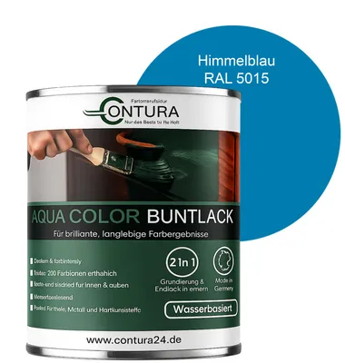 Produktbild von Contura 750ml. Buntlack Lackfarbe Lack Außen Innen Holz Metall Farbe Holzlack Möbellack - Seidenmatt - RAL 5015 Himmelblau