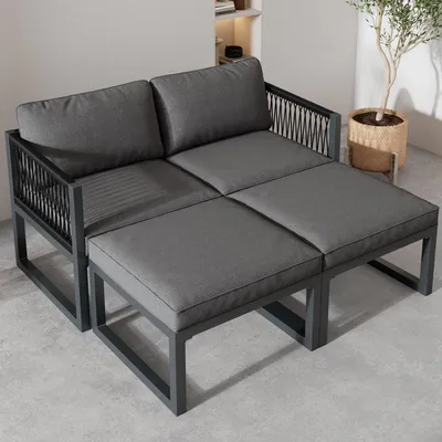Produktbild von Gartenlounge-Set Gartenmöbel Set Höhenverstellbar: Hocker & Tisch in einem 2 Sofas, 2 Fußhocker, Balkonmöbel für Terrasse Schwimmbäder drinnen