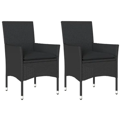 Two black poly rattan garden chairs with cushions, shown from the front on a white background.
