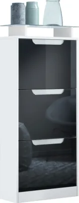 Produktbild von Vladon Schuhschrank Space V2, Schuhkipper für 12 Paar Schuhe mit 3 Klappen und Glasablage, Weiß matt/Schwarz Hochglanz (46 x 128 x 23 cm)