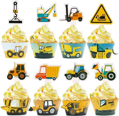 Produktbild von Bagger Baustellen Cake Topper und Cupcake Wrapper Set - 48 Stück