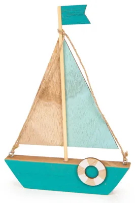 Produktbild von Segelboot Figur aus Holz Segelschiff Dekofigur blau Natur 21 x 15 cm