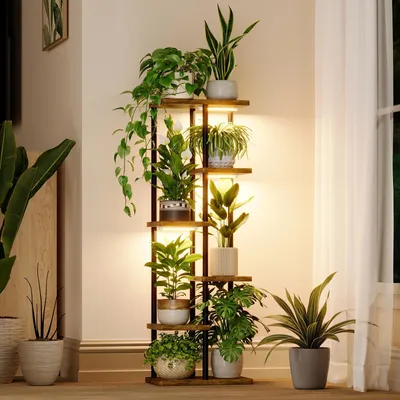 Produktbild von Zimmerpflanzenständer mit LED-Pflanzenlampe, 6 Ebenen, Blumenständer aus Holz und Metall, moderner mehrstufiger Pflanzenständer, hoher Pflanzenhalter für Wohnzimmer und Büro, Vintage