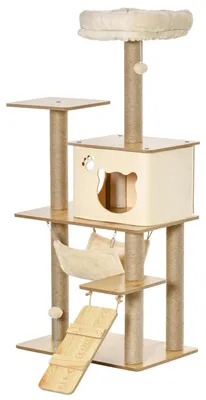 Obrázok produktu pre Škrabadlo pre mačky – škrabadlo s búdkou – výška 130 cm – 4 poschodia – juta a plyš – žlté