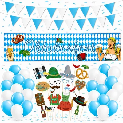 Imagen del producto de Conjunto decorativo bávaro – banderines, pancarta y 50 globos