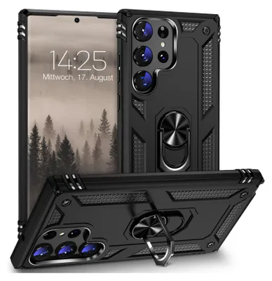 A black rugged phone case with a built-in ring stand, shown from multiple angles.