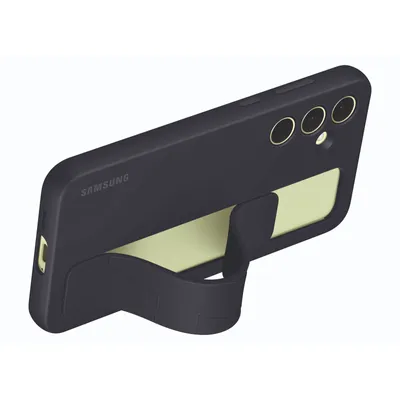 A dark gray Samsung phone case with a built-in stand is shown from a diagonal angle.