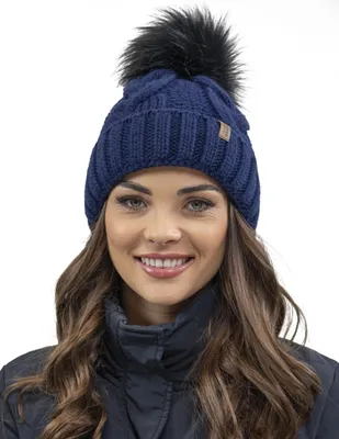 Immagine prodotto di Cappello da donna lavorato a maglia Vivisence - copricapo con pompon per l'inverno e l'autunno - cappello con pompon e interno in pile per l'inverno - blu scuro