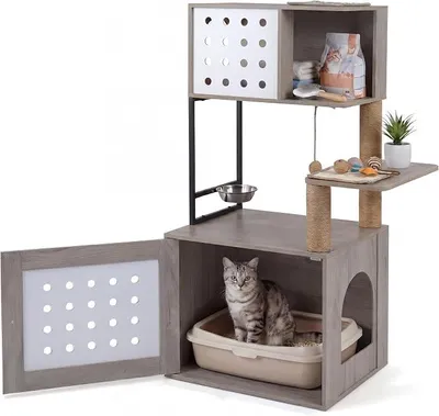 Produktbild von Kratzbaum, Katzenklo-Schrank, 3 Sisal-Kratzpfosten, Grau