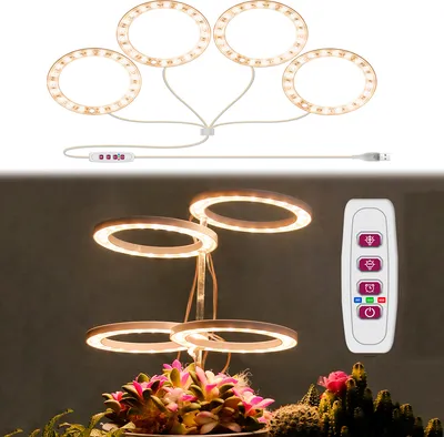 Obrázek produktu pro Časovač LED lampy na rostliny, stmívatelná lampa na květináče, LED rostoucí lampa na sluneční světlo, rostoucí lampa pro vnitřní rostliny ve skleníku, 4 kroužky