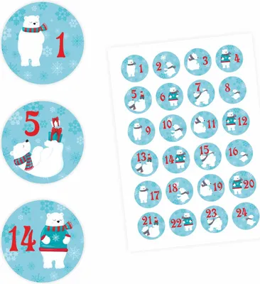 Produktbild von 24 Adventskalender Zahlen Aufkleber Eisbären - rund 4 cm Ø - Sticker Weihnachten zum basteln dekorieren DIY