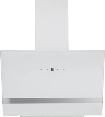 A white range hood with a silver accent strip and a digital display.